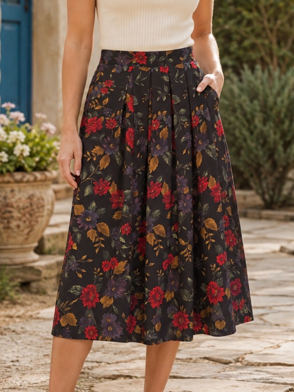 🇨🇦 Vintage Anna for Strut Floral Pleated Midi Skirt Black Made in Canada XL